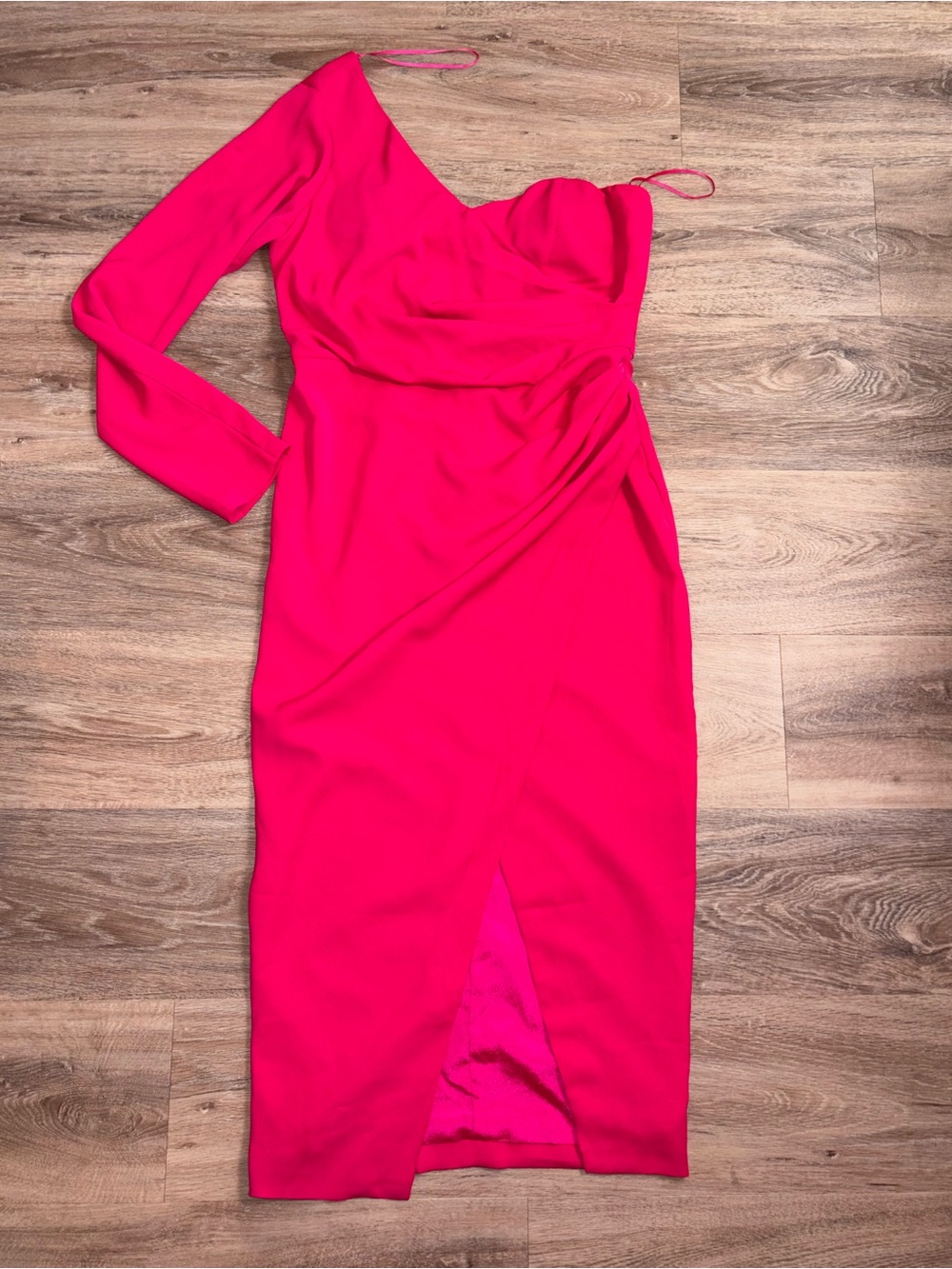 Beautiful Fuchsia One-Shoulder Midi Dress with Drape Detail and Slit. Size Large